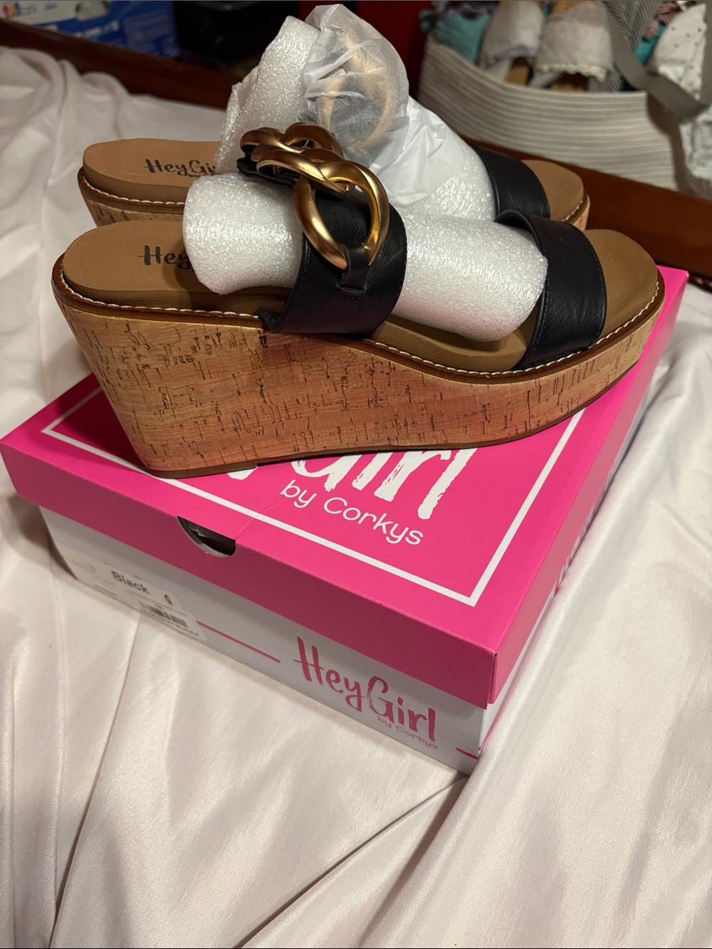Corkys Black Slide Wedge Sandals with Gold Chain Accent
